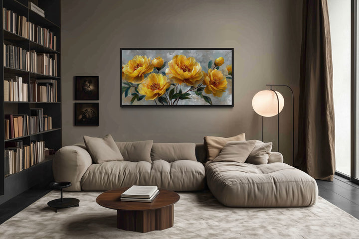 Gold Abstract Flowers On Grey Background Modern Living Room Wall Art