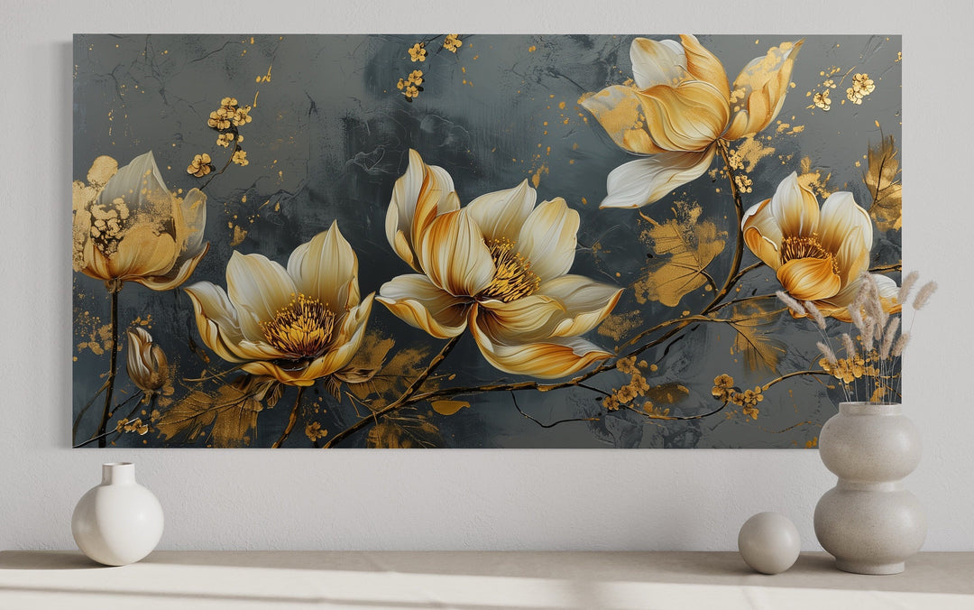 Gold Abstract Flowers On Grey Background Modern Living Room Wall Art