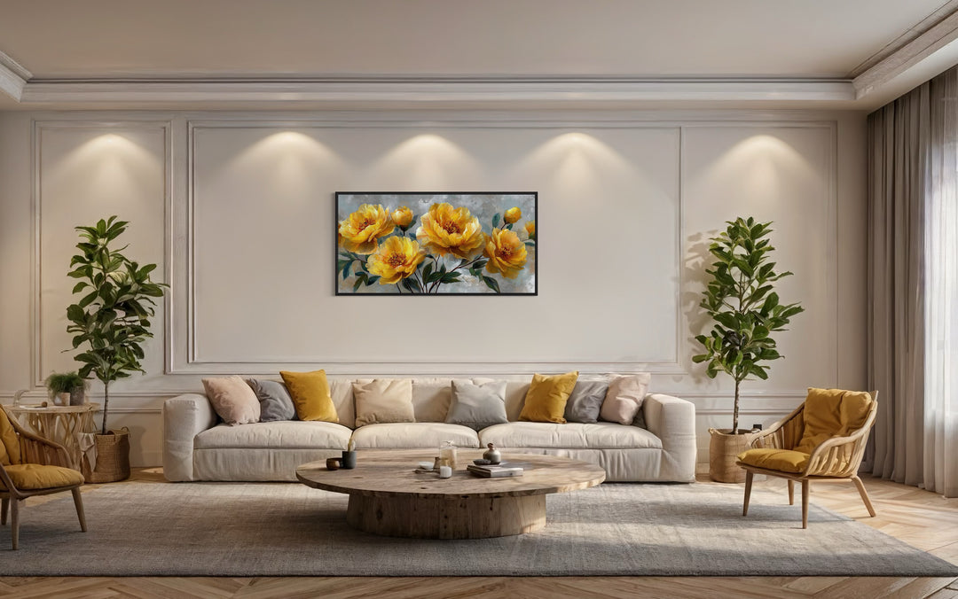 Gold Abstract Flowers On Grey Background Modern Living Room Wall Art