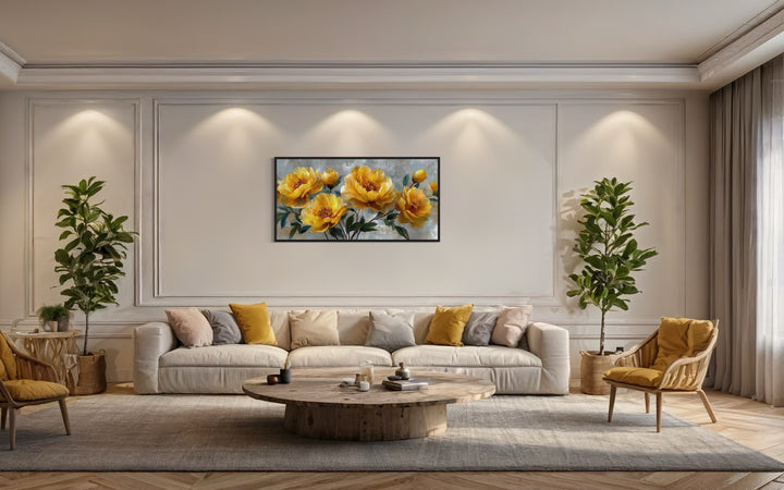 Gold Abstract Flowers On Grey Background Modern Living Room Wall Art