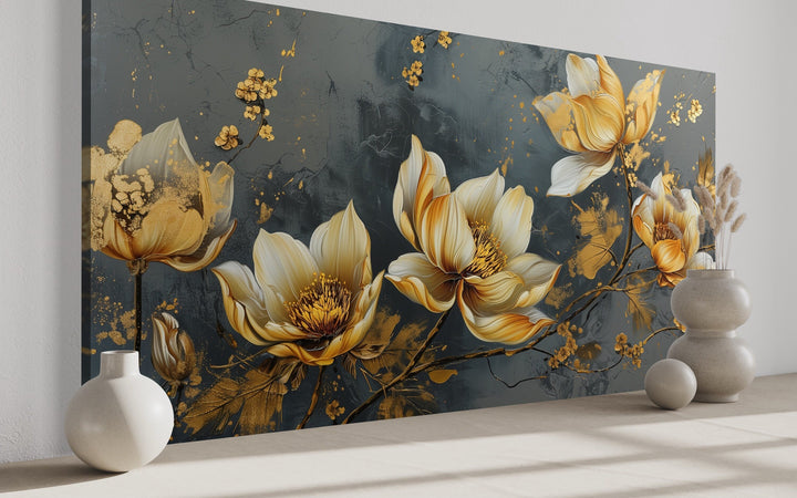 Gold Abstract Flowers On Grey Background Modern Living Room Wall Art