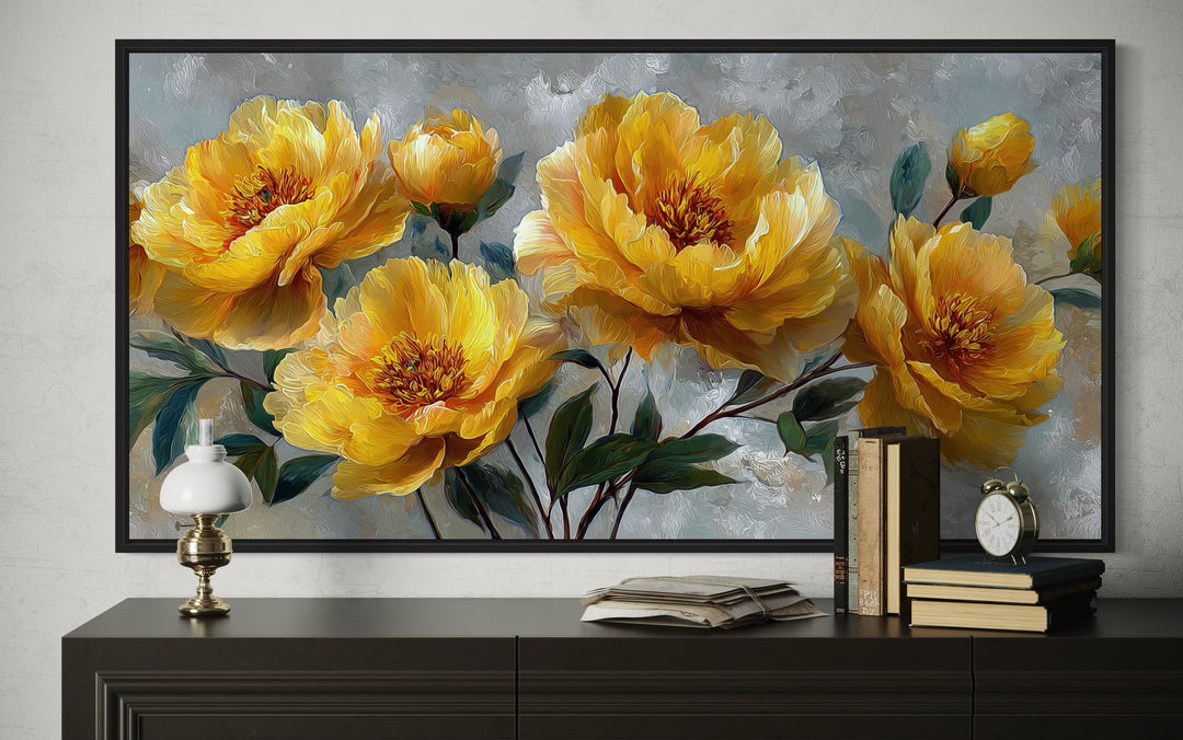 Gold Abstract Flowers On Grey Background Modern Living Room Wall Art