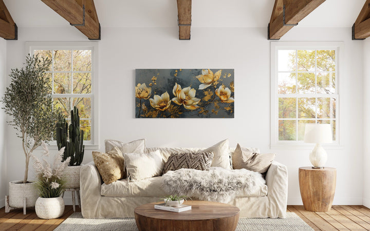 Gold Abstract Flowers On Grey Background Modern Living Room Wall Art