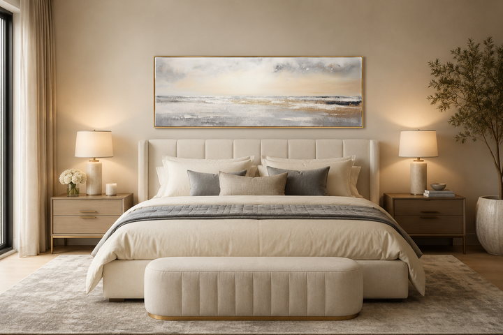 Gold and silver abstract beach sunset minimalist panoramic wall art hanging over a bed.