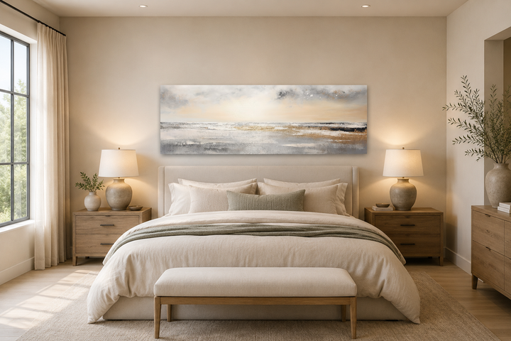 Gold and silver abstract beach sunset panoramic wall art hanging above a bed in a neutral bedroom.