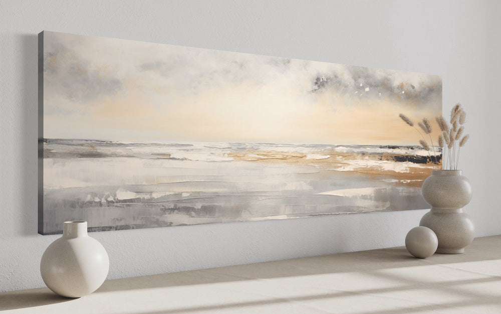 Gold And Silver Abstract Beach Sunset Minimalist Over Bed Wall Art side view