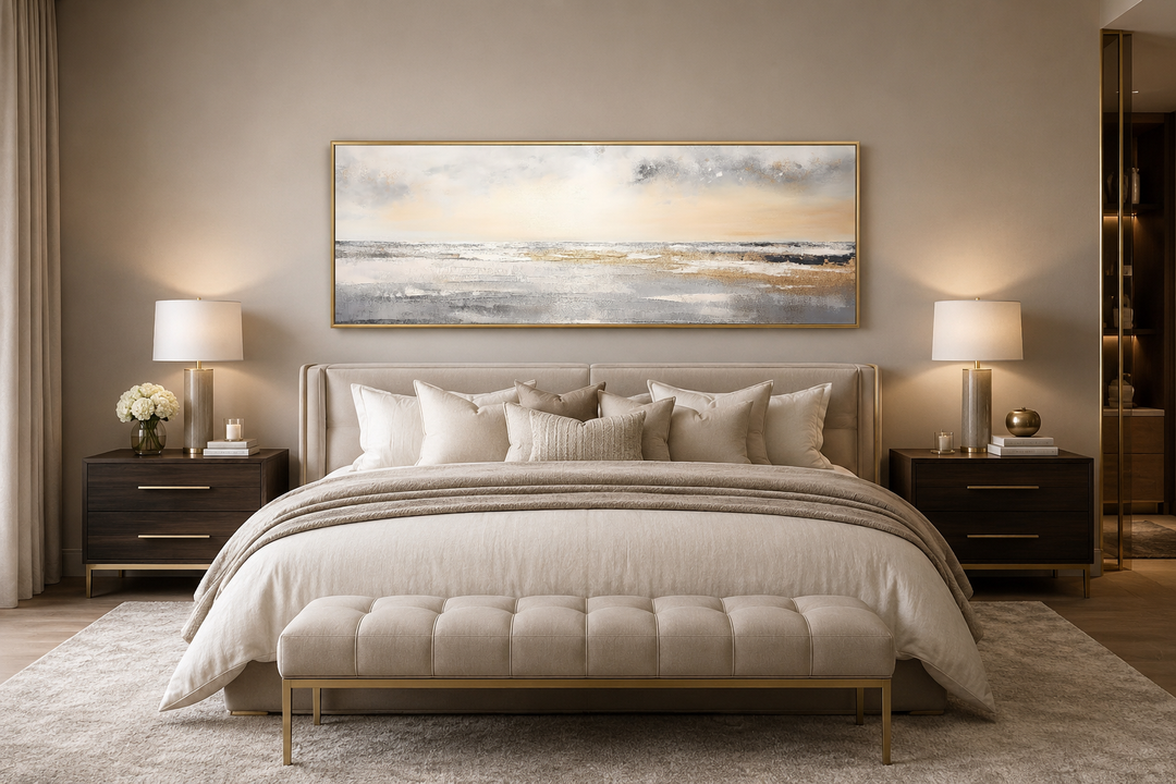 Gold and silver abstract beach sunset panoramic canvas art hanging above a bed in a bedroom.