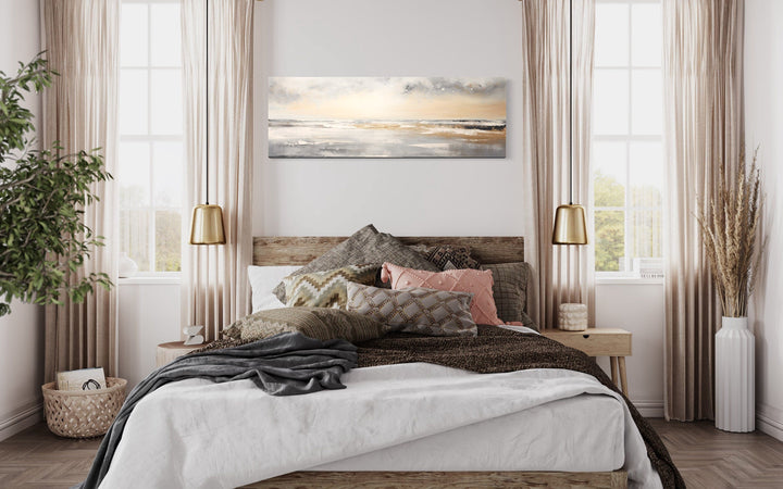 Gold And Silver Abstract Beach Sunset Minimalist Over Bed Wall Art