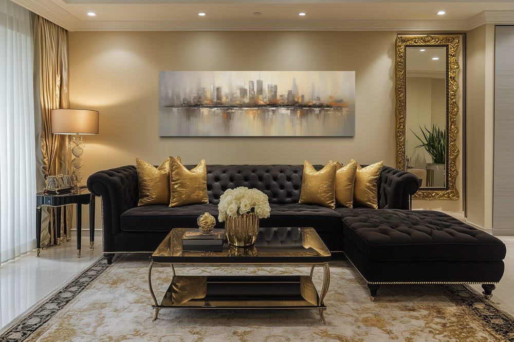Gold And Silver Abstract Chicago Skyline Horizontal Living Room Wall Art