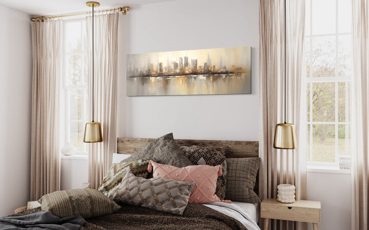 Gold And Silver Abstract Chicago Skyline Horizontal Living Room Wall Art