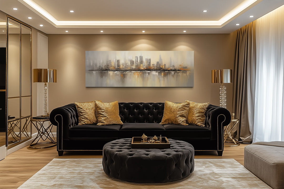 Gold And Silver Abstract Chicago Skyline Horizontal Living Room Wall Art