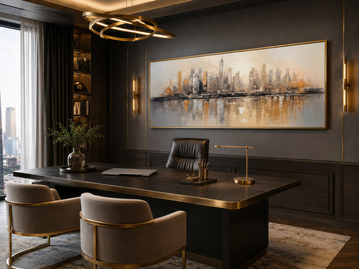 Horizontal abstract gold and silver New York City skyline wall art in a modern dark office.