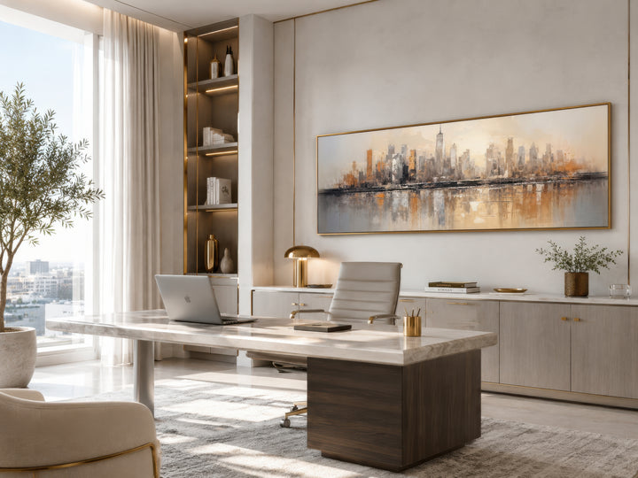 Gold and silver abstract New York City skyline horizontal wall art in a modern office setting.
