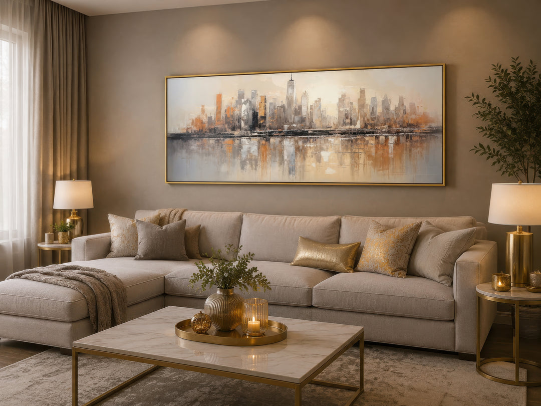 Gold and silver abstract New York City skyline horizontal wall art above a beige sectional sofa.