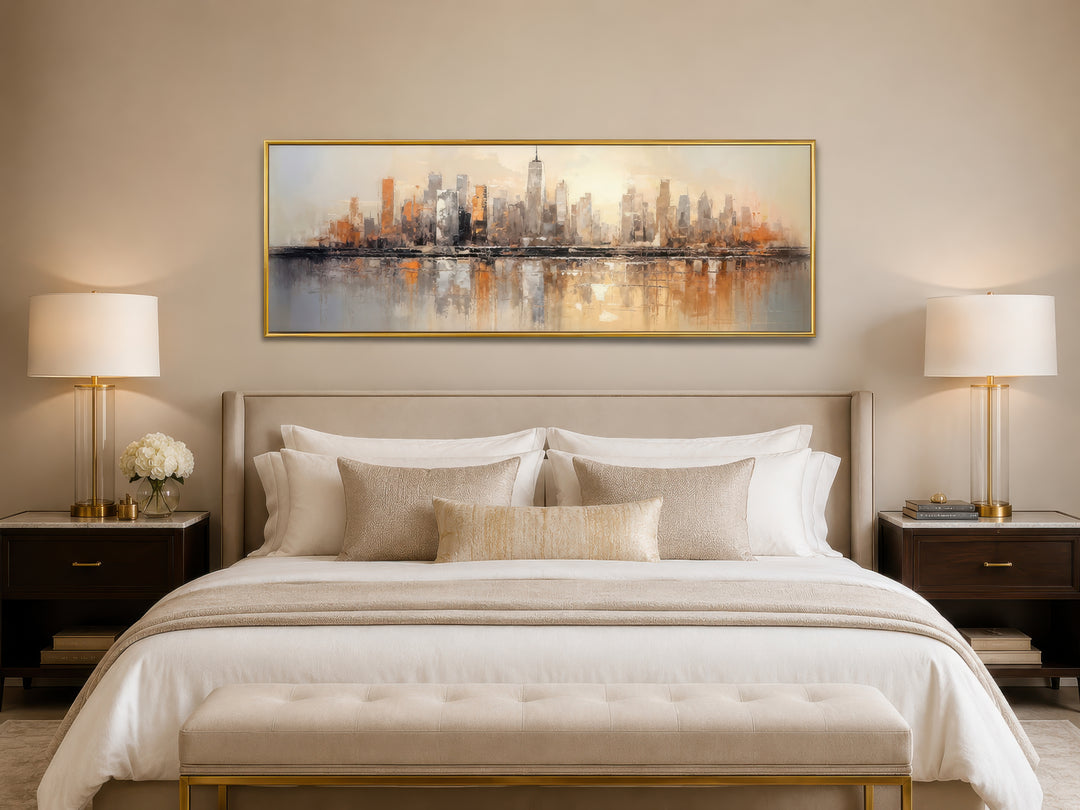 Gold and silver abstract New York City skyline horizontal wall art hanging above a bed.