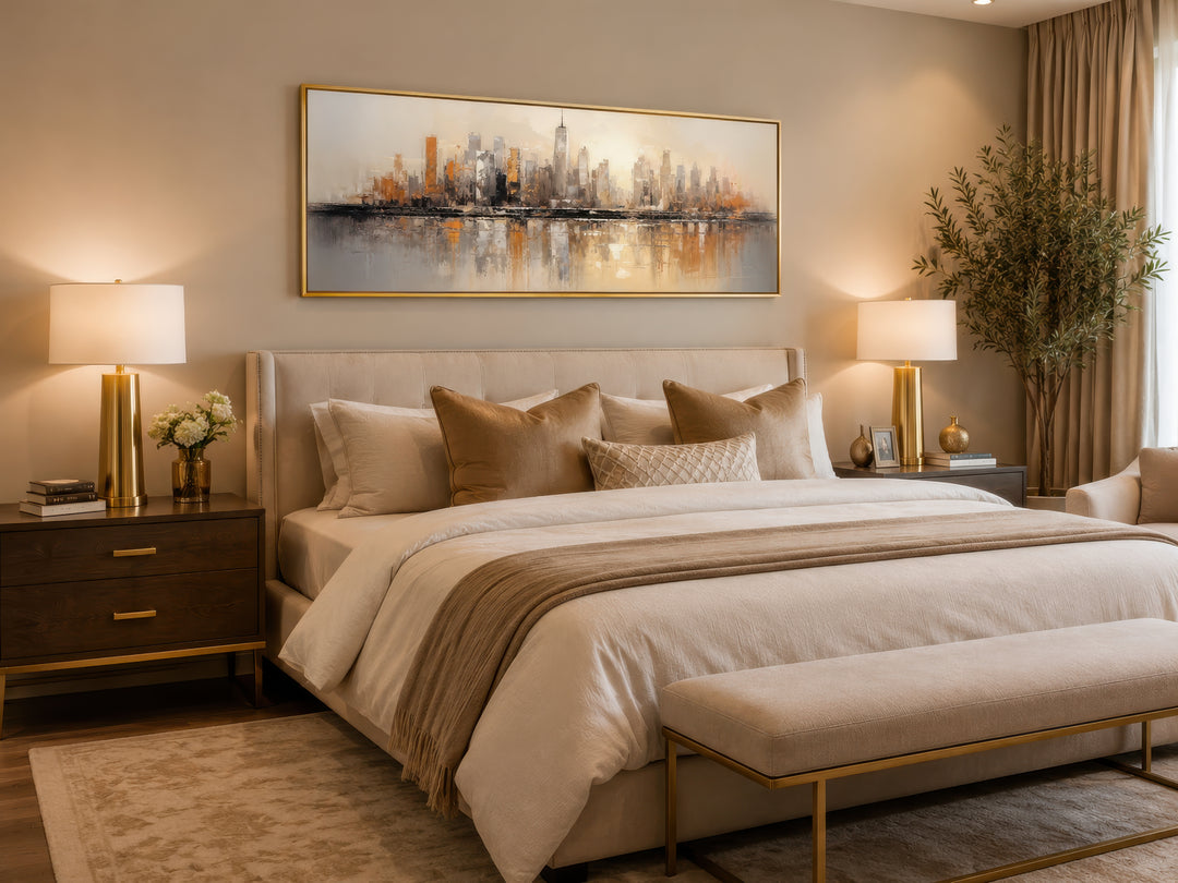 Gold and silver abstract New York City skyline horizontal wall art above a bed in a bedroom.