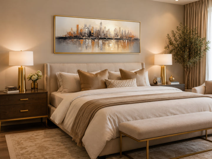 Gold and silver abstract New York City skyline horizontal wall art above a bed in a bedroom.