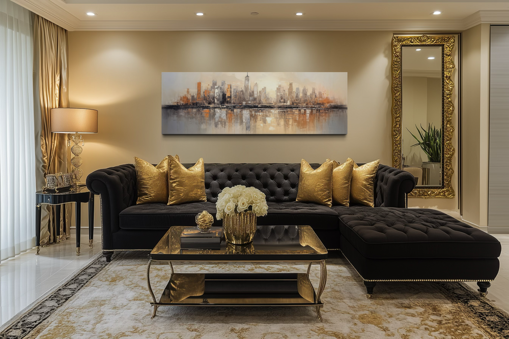 Gold and silver abstract New York City skyline horizontal wall art displayed above a black sofa.