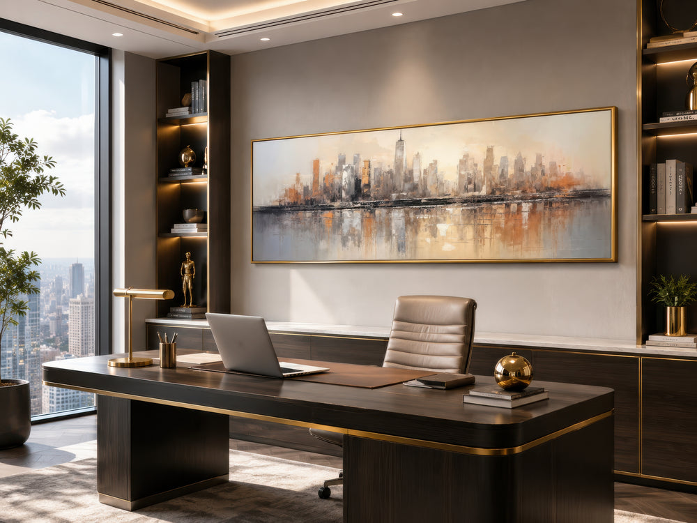 Gold and silver abstract New York City skyline horizontal wall art in a modern office setting.