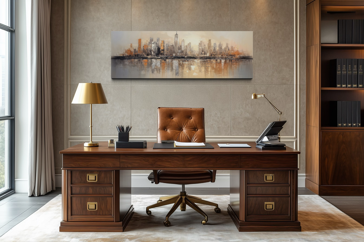 Gold and silver abstract New York City skyline horizontal wall art above a wooden office desk.