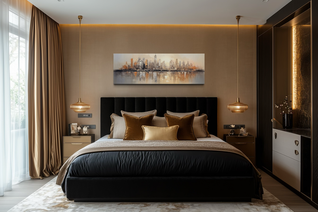 Gold and silver abstract New York City skyline horizontal wall art hanging above a modern bed.