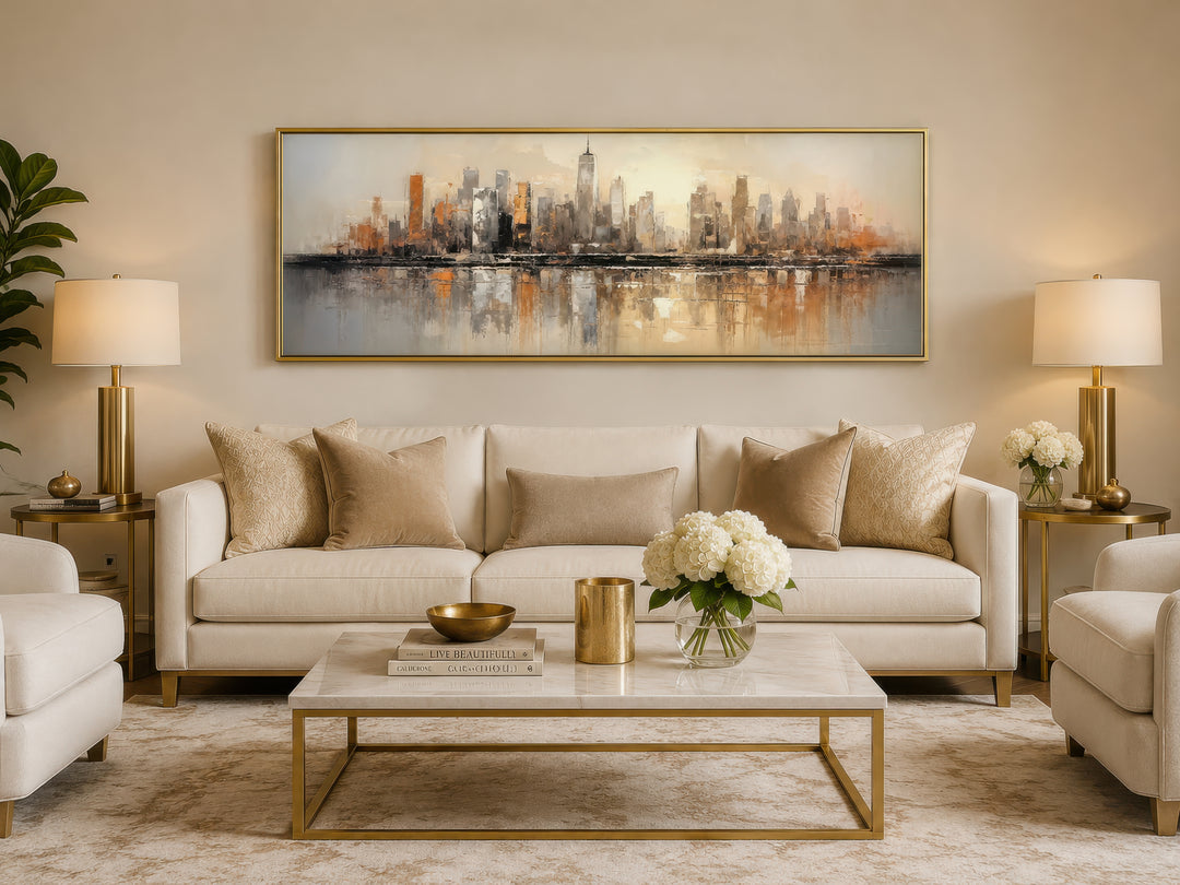 Gold and silver abstract New York City skyline horizontal wall art above a white sofa.