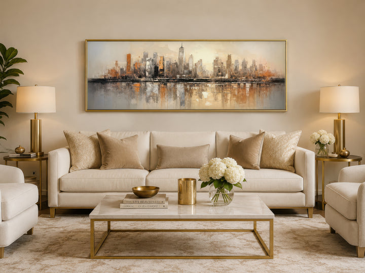Gold and silver abstract New York City skyline horizontal wall art above a white sofa.