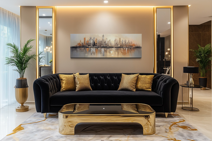 Horizontal abstract gold and silver New York City skyline wall art displayed above a black sofa.