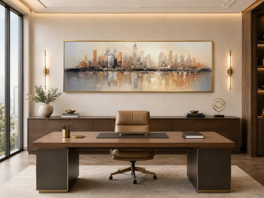 Gold and silver abstract New York City skyline horizontal wall art in a modern office setting.