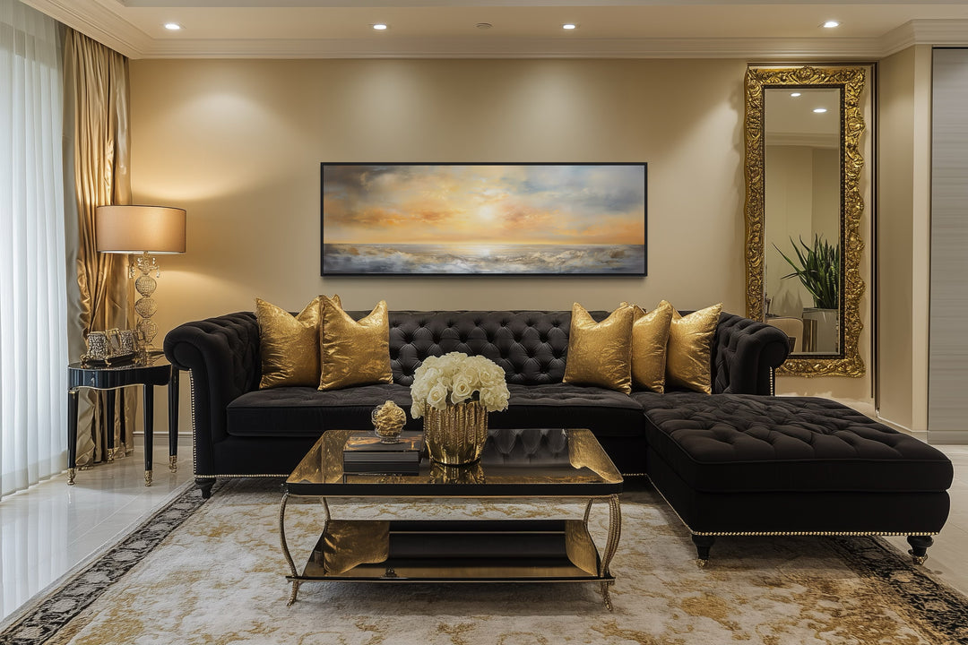Gold And Silver Abstract Ocean Sunset Long Horizontal Over Bed Wall Art