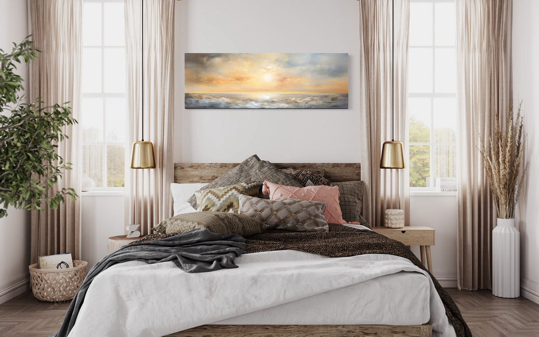 Gold And Silver Abstract Ocean Sunset Long Horizontal Over Bed Wall Art