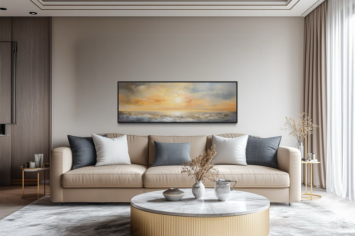 Gold And Silver Abstract Ocean Sunset Long Horizontal Over Bed Wall Art