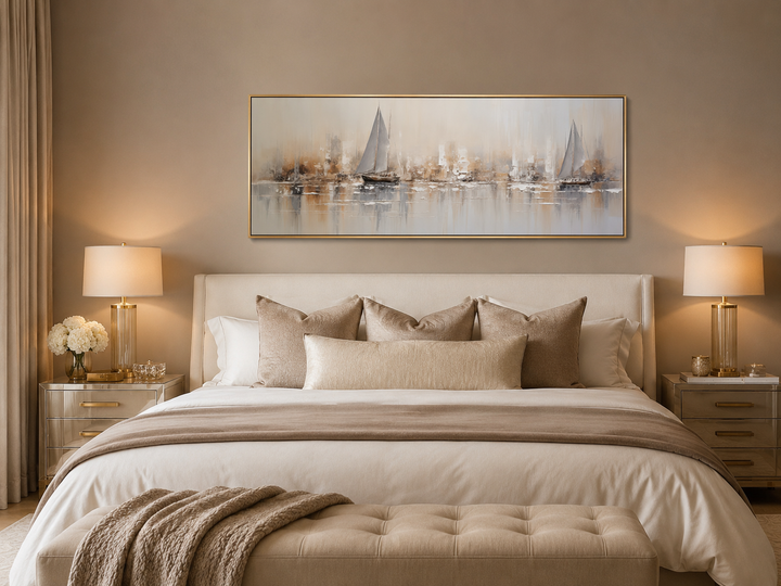 Gold and silver abstract sailboat painting in a gold frame hanging above a neutral-toned bed.