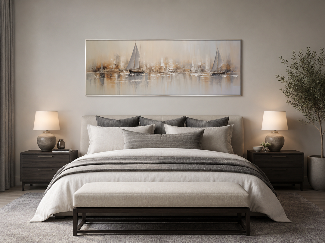 Gold and silver abstract sailboat painting in a long horizontal frame above a neutral-toned bed.