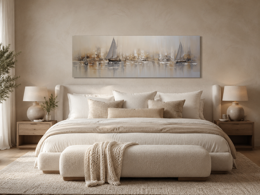 Gold and silver abstract sailboats long horizontal canvas art hanging above a bed in a bedroom.
