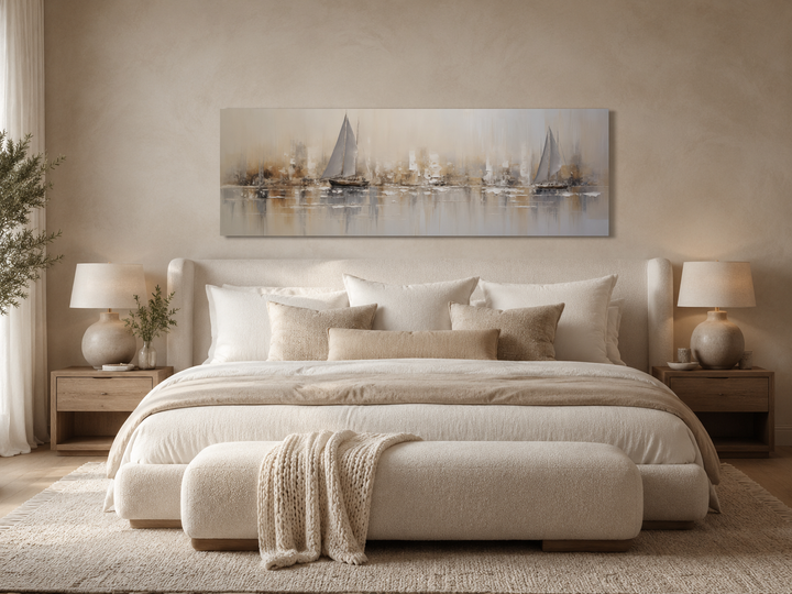 Gold and silver abstract sailboats long horizontal canvas art hanging above a bed in a bedroom.