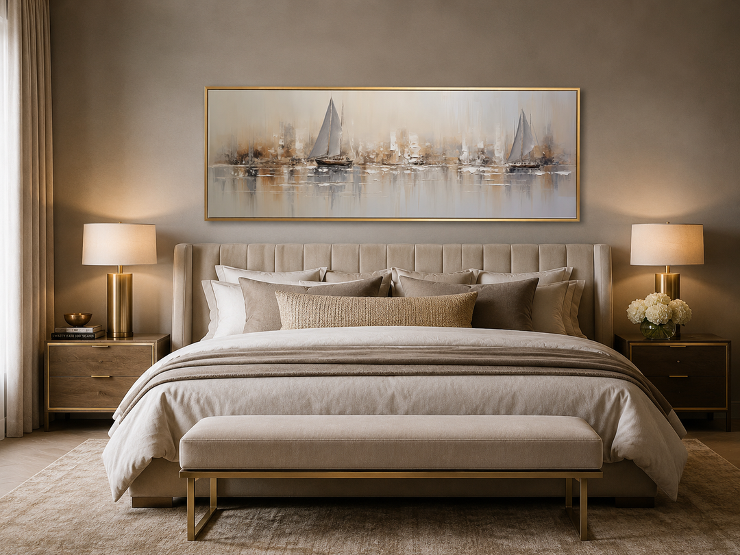 Gold and silver abstract sailboats wall art in a gold frame hanging above a bed in a neutral room.