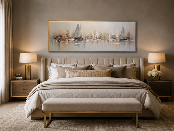 Gold and silver abstract sailboats wall art in a gold frame hanging above a bed in a neutral room.