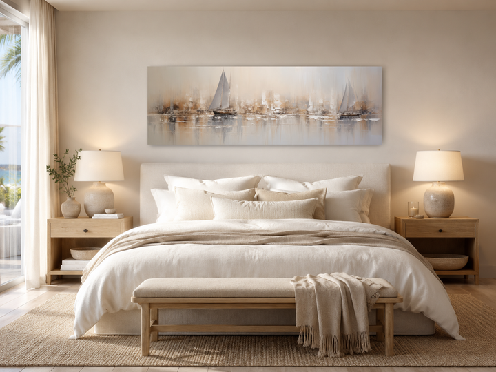 Gold and silver abstract sailboats wall art in a long horizontal frame above a neutral-toned bed.