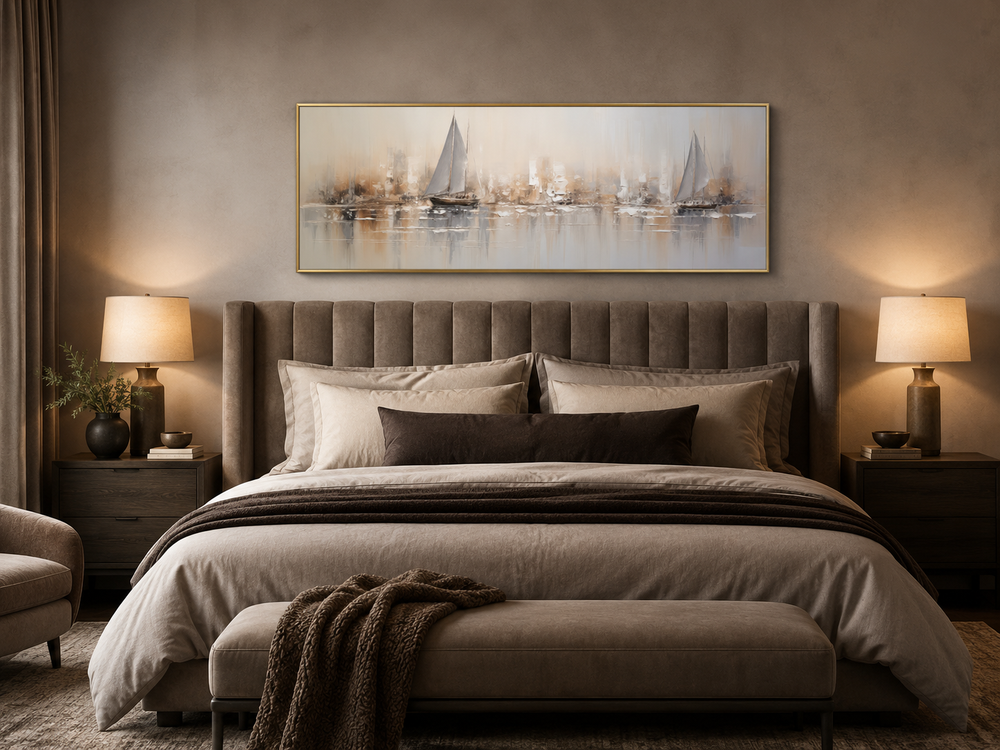 Gold and silver abstract sailboats long horizontal canvas art hanging above a bed in a bedroom.