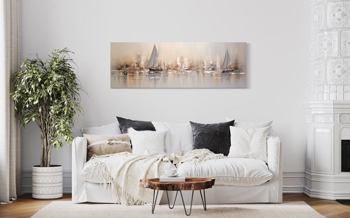 Gold And Silver Abstract Sail Boats in Ocean Long Horizontal Above Bed Coastal Wall Art