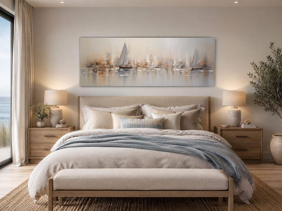 Gold and silver abstract sailboats in ocean long horizontal canvas art above a bed.