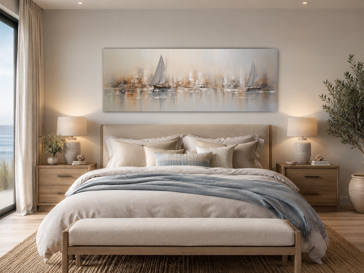Gold and silver abstract sailboats in ocean long horizontal canvas art above a bed.