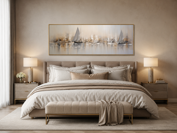 Gold and silver abstract sailboats long horizontal canvas wall art hanging above a bed.