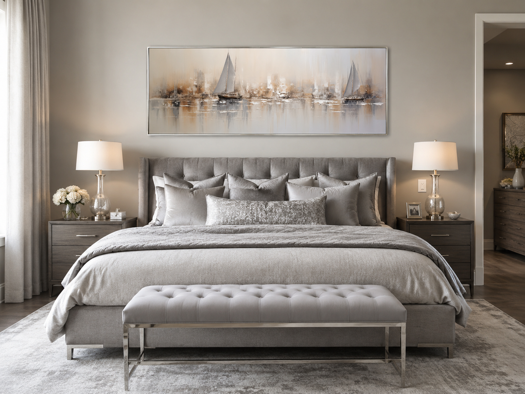 Gold and silver abstract sailboats long horizontal coastal wall art hanging above a bed.