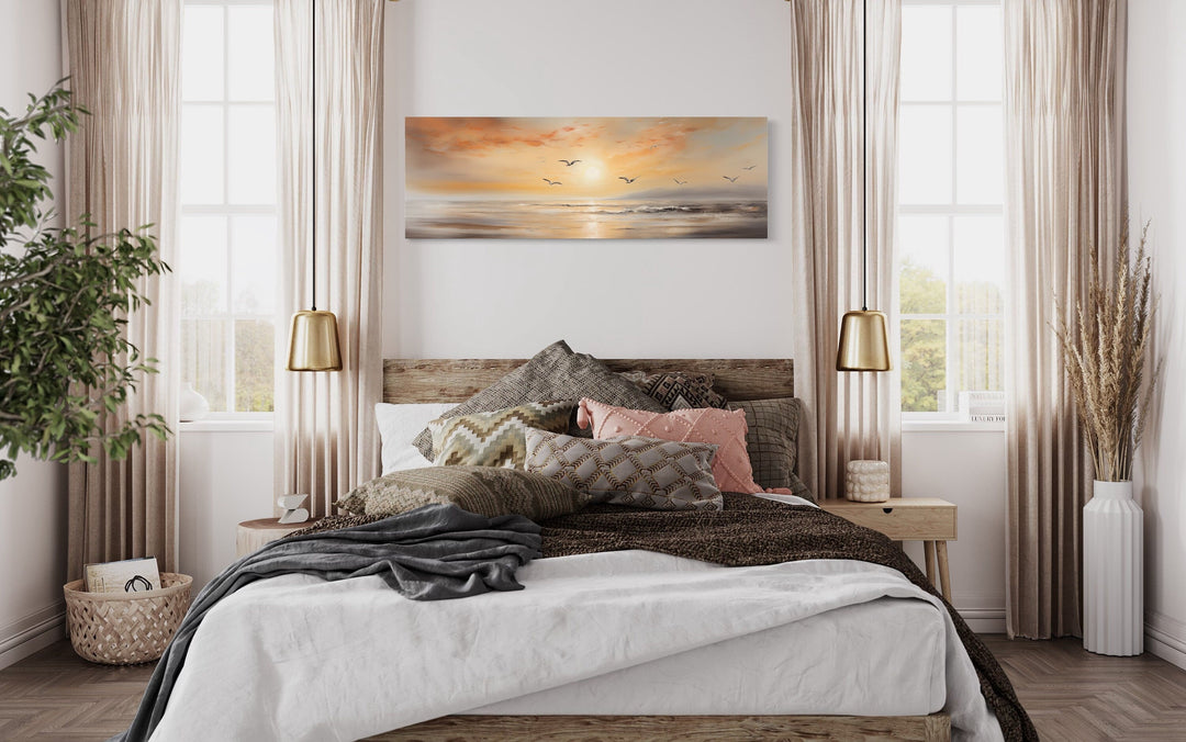 Gold And Silver Beach Sunset Seascape With Birds Narrow Horizontal Wall Art