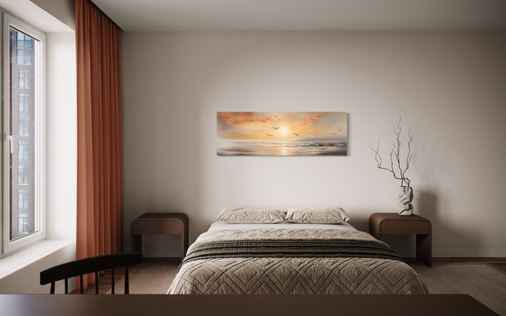 Gold And Silver Beach Sunset Seascape With Birds Narrow Horizontal Wall Art