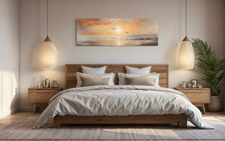 Gold And Silver Beach Sunset Seascape With Birds Narrow Horizontal Wall Art