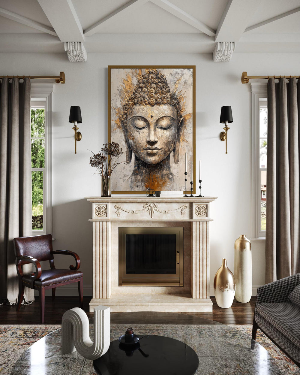 Gold and silver Buddha portrait abstract Zen wall decor.