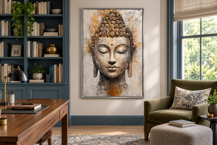 Gold and silver Buddha portrait abstract Zen wall decor in a silver frame on a neutral wall.